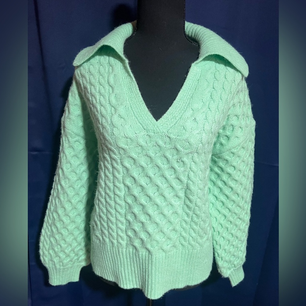 Mint Green Collared V-Neck Cable Knit Sweater
